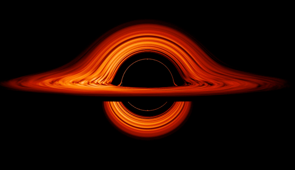 Seen nearly edgewise, the turbulent disk of gas churning around a black hole takes on a bizarre double-humped appearance. The black hole’s extreme gravity alters the paths of light coming from different parts of the disk, producing the warped image where we see the disk behind the black hole as if it is simultaneously on the top and the bottom of the black hole.
NASA’s Goddard Space Flight Center/Jeremy Schnittman