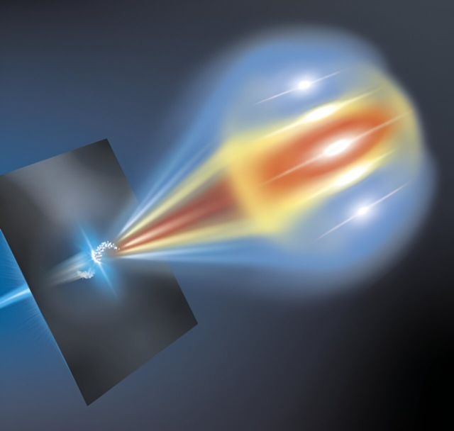 image A structured beam of electron beamlets passes through a metallic foil from left to right creating coherent optical transition radiation.